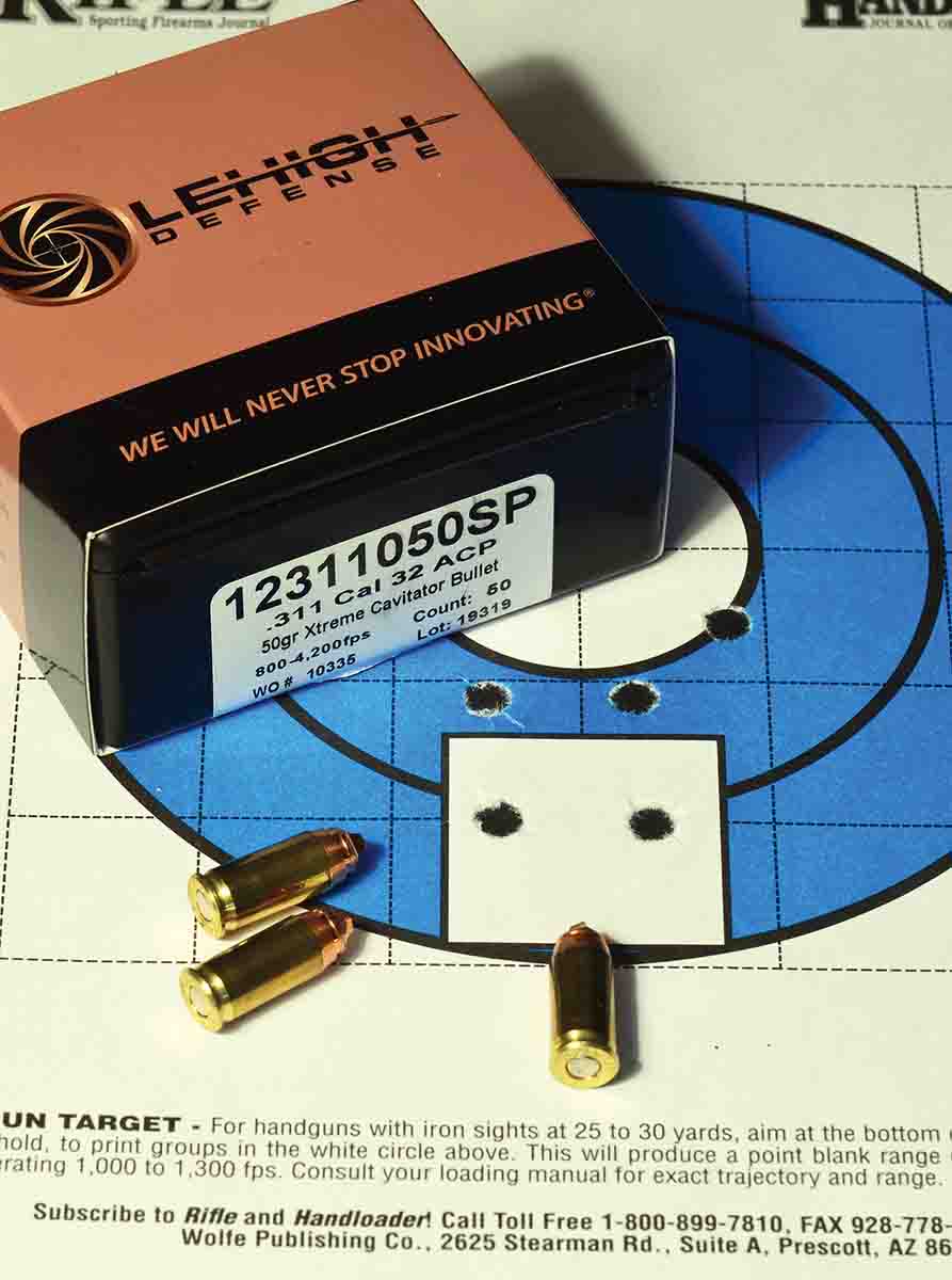 At 50 grains, the Lehigh Xtreme Cavitator is light for the .32 ACP, but its novel nose configuration allows it to punch a hole like a wadcutter. It’s also very accurate. The aimpoint at 10 yards was the base of the white square where the cartridge is pointing.
